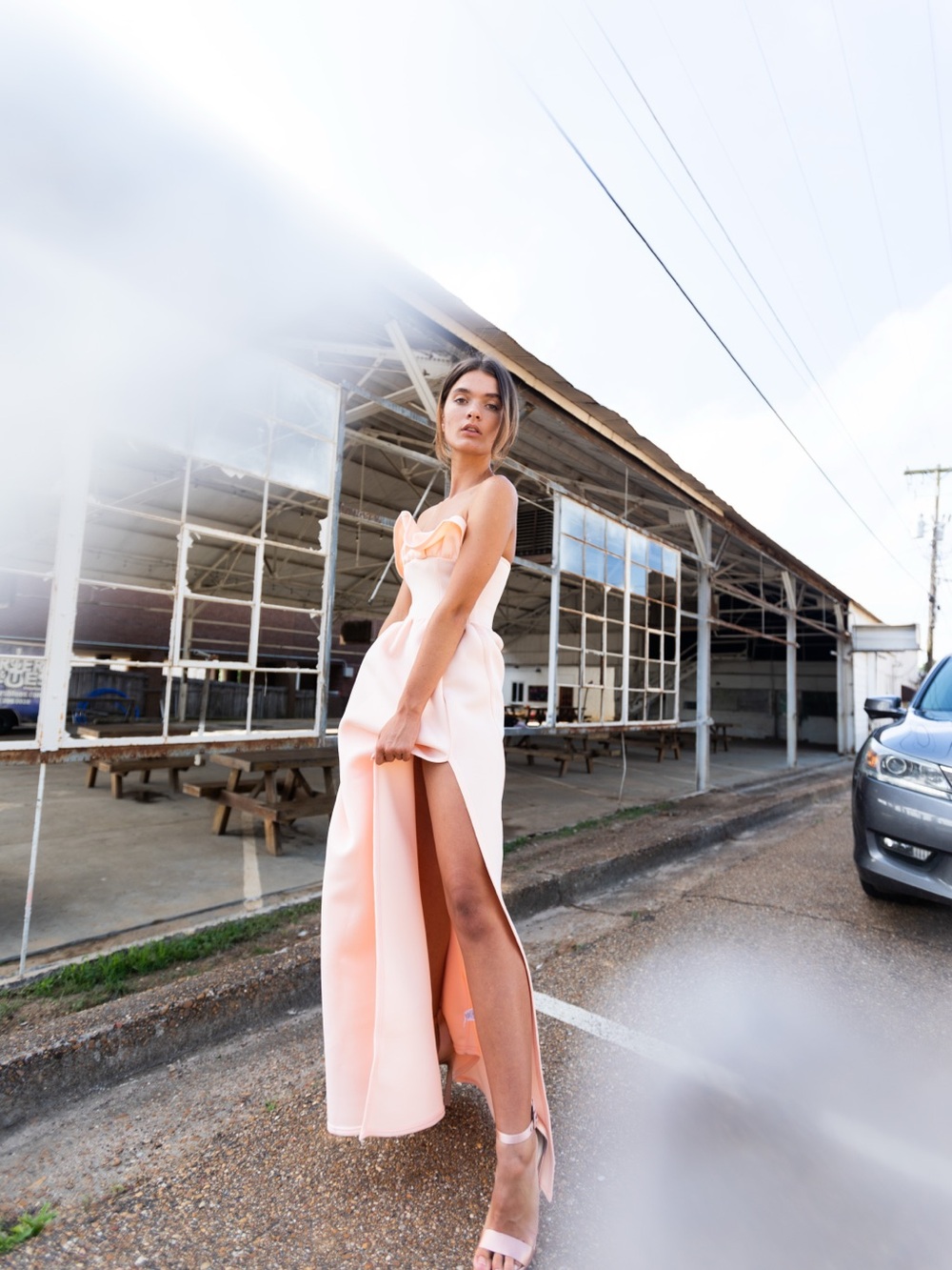 PrettyLittleThing Strapless Blush Pink High-Slit Maxi Dress